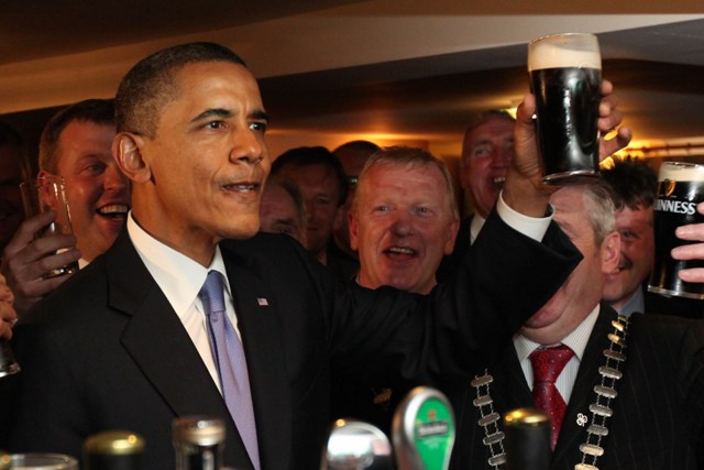 23-5-11???OFFICIAL VISIT TO IRELAND BY THE PRESIDENT OF THE UNITED STATES BARAK OBAMA AND FIRST LADY MICHELLE OBAMA. PIC SHOWS US PRESIDENT BARAK OBAMA IN HAYES BAR IN HIS ANCESTRAL HOME OF MONEYGALL, CO. OFFALY, IRELAND WHERE HE ENJOYED A PINT OF GUINNESS. PIC. MAXWELLS DUBLIN NO REPRO FEE